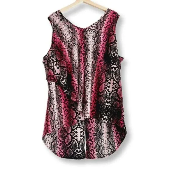 PENNINGTONS Asymmetric Sleeveless High Low Hem Top Pink Snake Print Sz 2X - Picture 2 of 10